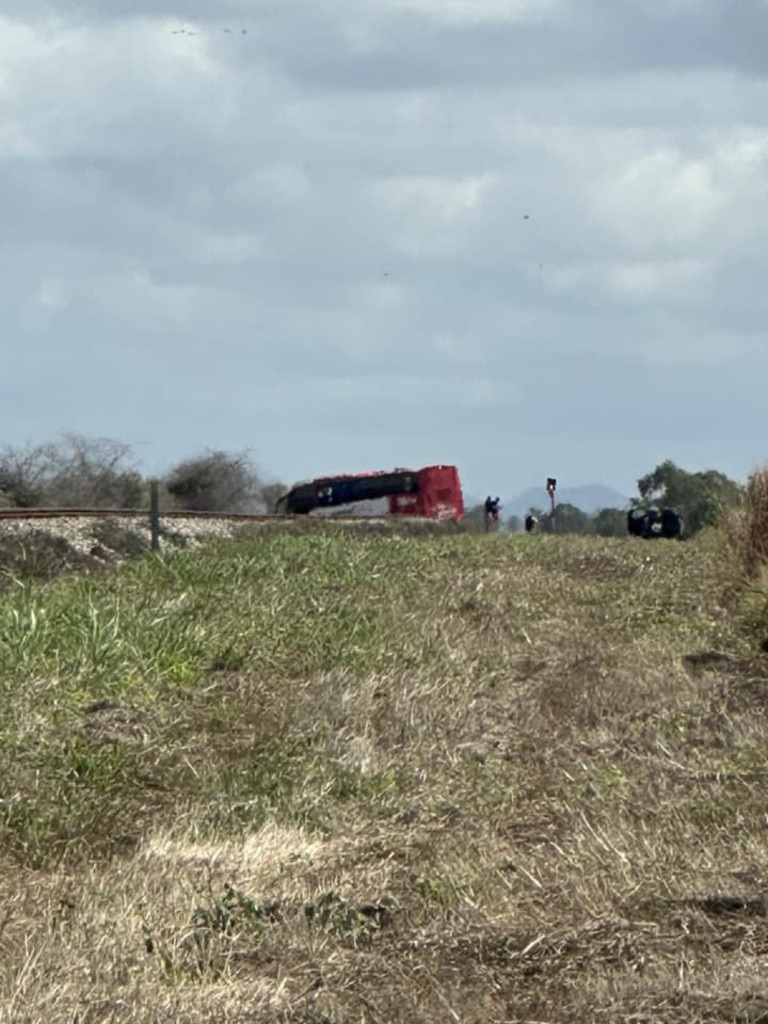 Photos posted on social media from the scene of a horror Greyhound bus crash on the Bruce Highway between Bowen and Townsville.