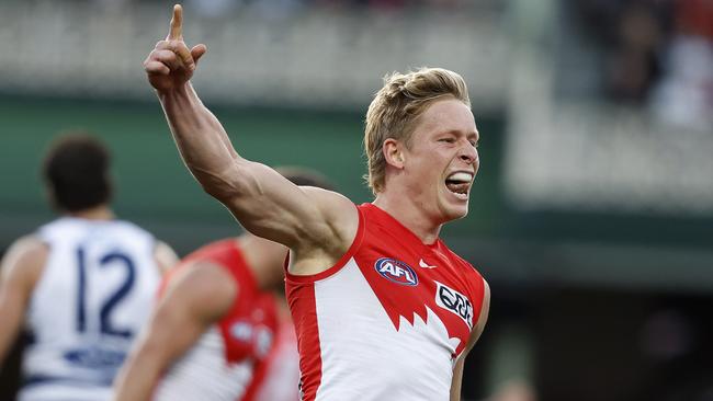 Isaac Heeney celebrates a big goal for the Swans. Picture: Phil Hillyard