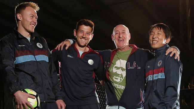APIA Leichhardt coach Billy McColl with players (l-r) Nathan Millgate, Sean Symons and Tasuku Sekiya. Picture: Richard Dobson