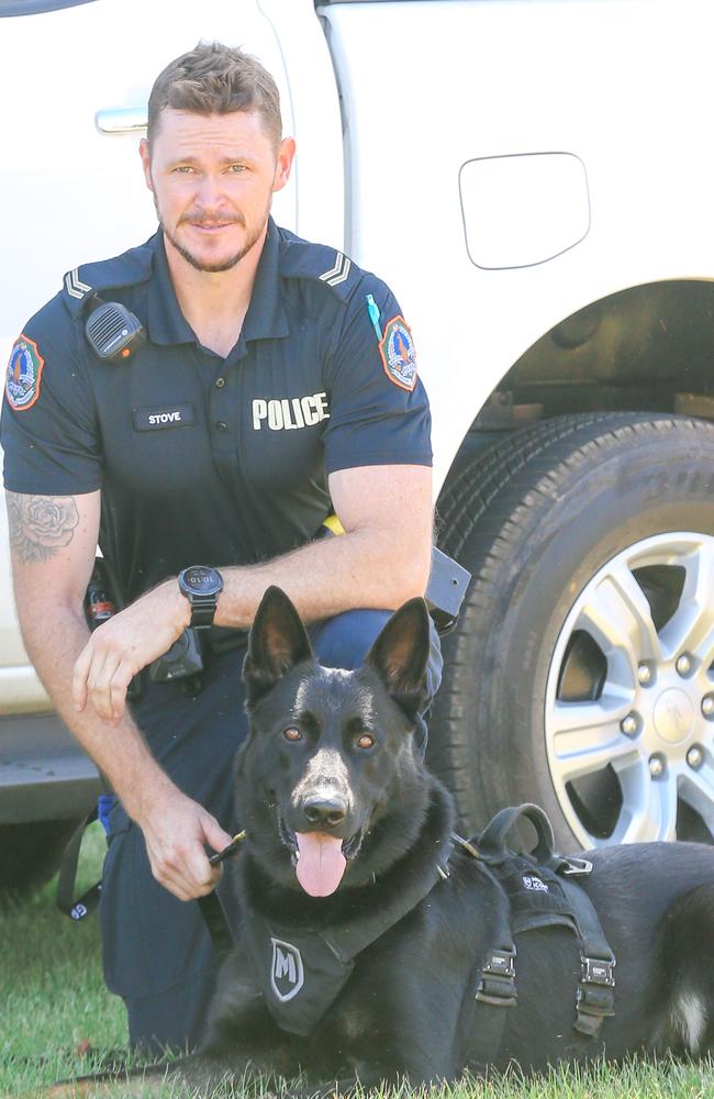 Senior Constable Ben Stove with Arnhem part of the NT Police Dog Squad. Picture: Glenn Campbell