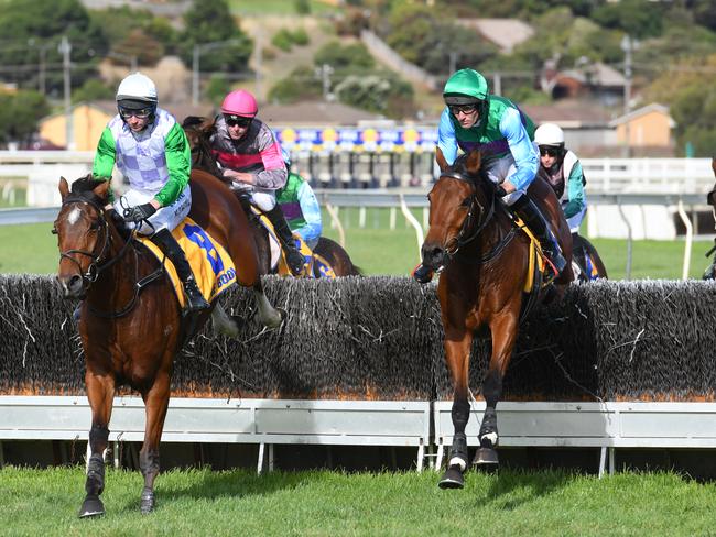 Steven Pateman and Zed Em (right) make their way down the home straight on the first lap.