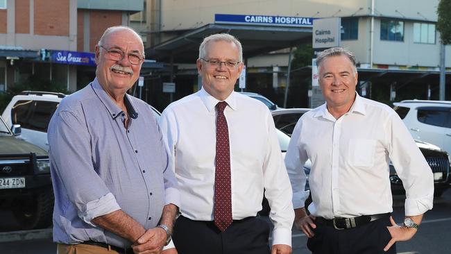 Member for Leichhardt Warren Entsch, Prime Minister Scott Morrison and James Cook University Cairns campus director David Craig in front of the existing Cairns Hospital. Picture: Brendan Radke