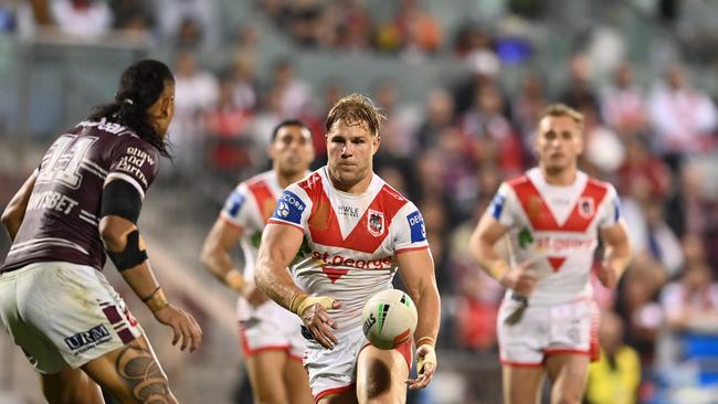 Dragons star Jack de Belin was controversially sin binned for an alleged hip drop tackle on Manly's Christian Tuipolotu. Picture: NRL Imagery.