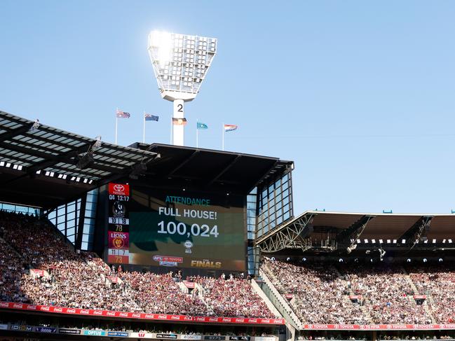 MELBOURNE, AUSTRALIA - SEPTEMBER 30: The official attendance of 100,024 is displayed on the big screen during the 2023 AFL Grand Final match between the Collingwood Magpies and the Brisbane Lions at the Melbourne Cricket Ground on September 30, 2023 in Melbourne, Australia. (Photo by Dylan Burns/AFL Photos via Getty Images)