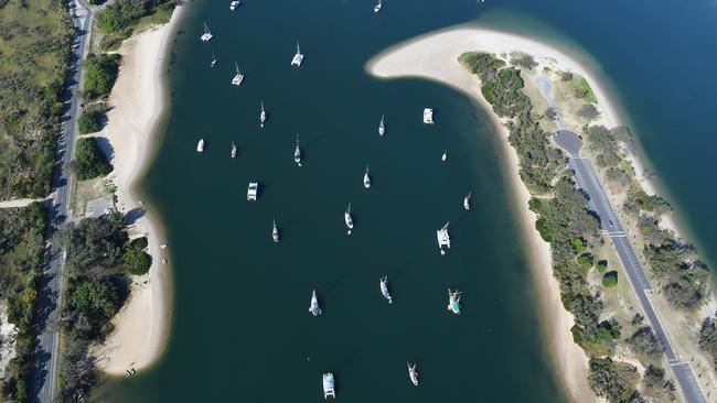 An aerial view of yachts and houseboats moored in 'Bums Bay' at Main Beach on the Gold Coast. (AAP Image/Dave Hunt)