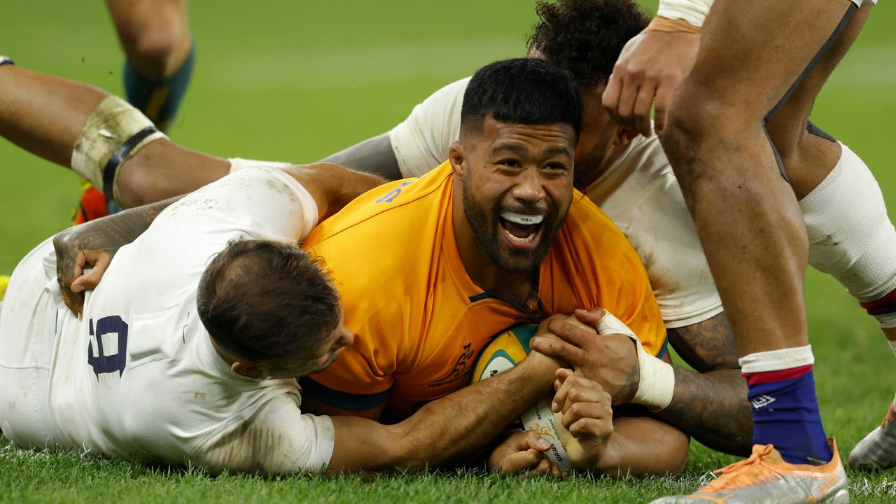 Folau Fainga’a powered over for a try for the Wallabies. Picture: James Worsfold/Getty Images