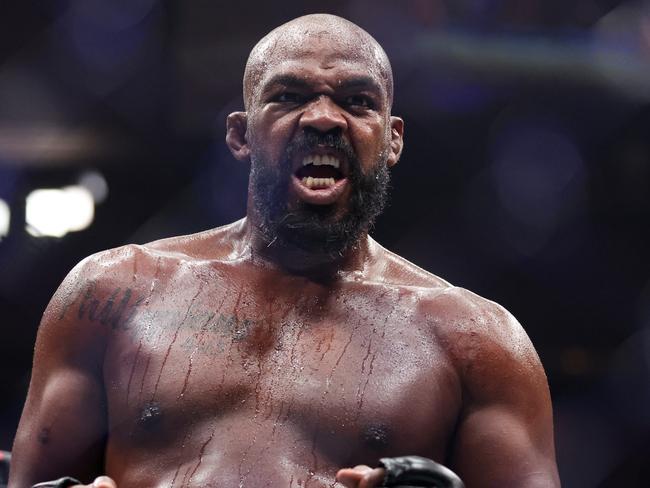 NEW YORK, NEW YORK - NOVEMBER 16: Jon Jones of the United States of America reacts after his TKO victory against Stipe Miocic of the United States of America in the UFC light heavyweight championship fight during the UFC 309 event at Madison Square Garden on November 16, 2024 in New York City. (Photo by Sarah Stier/Getty Images)