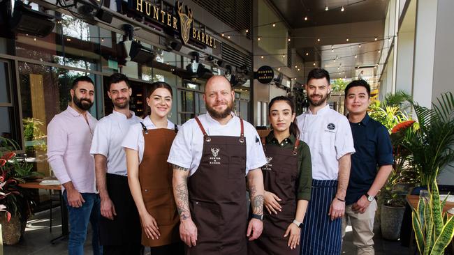 Elie Chedid, Enrico Marchese, Lydia Liberatore, Ran Kimefeld, Purnima Khadka, Giulio Marchese and Windy Lee. Staff from Hunter &amp; Barrel and Italian Street Kitchen, two major restaurants side-by-side, which open, in Parramatta, on June 8. Picture: Justin Lloyd.