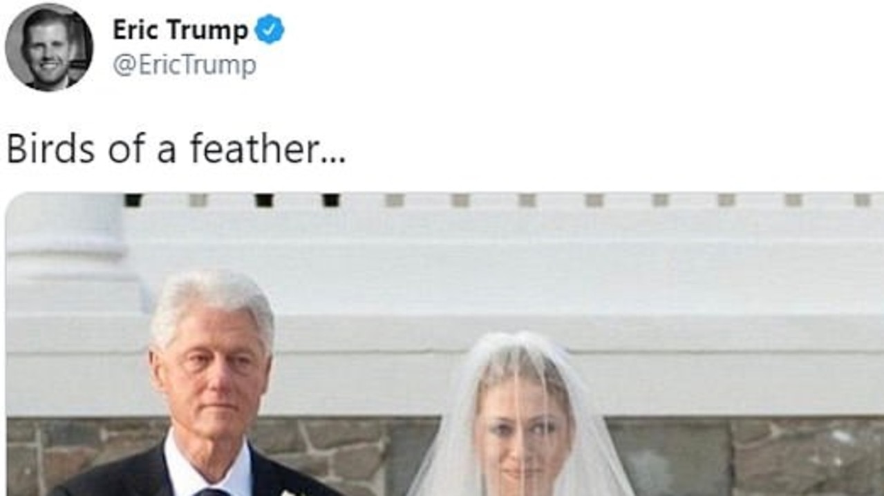 Eric Trump tweeted and then quickly deleted this photo of Bill Clinton at his daughter Chelsea's wedding. Picture: Eric Trump/Twitter