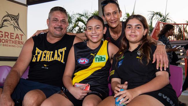 Jason Bonson, Ocean Bonson, Katrisha Holtze and Teuila Te Aho as thousands of fans gathered for the AFLW Dreamtime game between Richmond and Essendon in Darwin. Picture: Pema Tamang Pakhrin