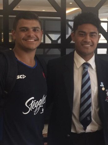 Asu Kepaoa meeting Latrell Mitchell in 2017, after which he signed with the Roosters.