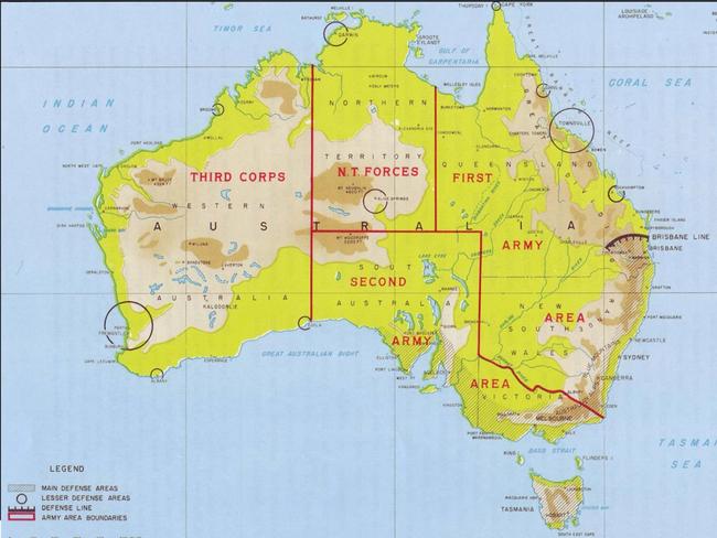 A 1942 military map of Australia including the so-called Brisbane Line, and a shaded area in the south of the country where defences were concentrated.