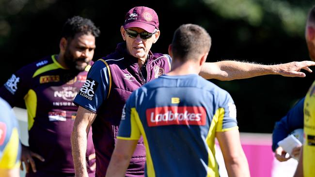 Wayne Bennett directs his players during today’s training session. Picture: Getty