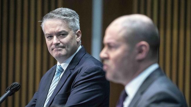 Finance Minister Mathias Cormann with Treasurer Josh Frydenberg in Canberra on Thursday. Picture: Gary Ramage