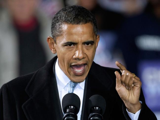 Barack Obama speaking at a campaign event in Virginia, October 2008.