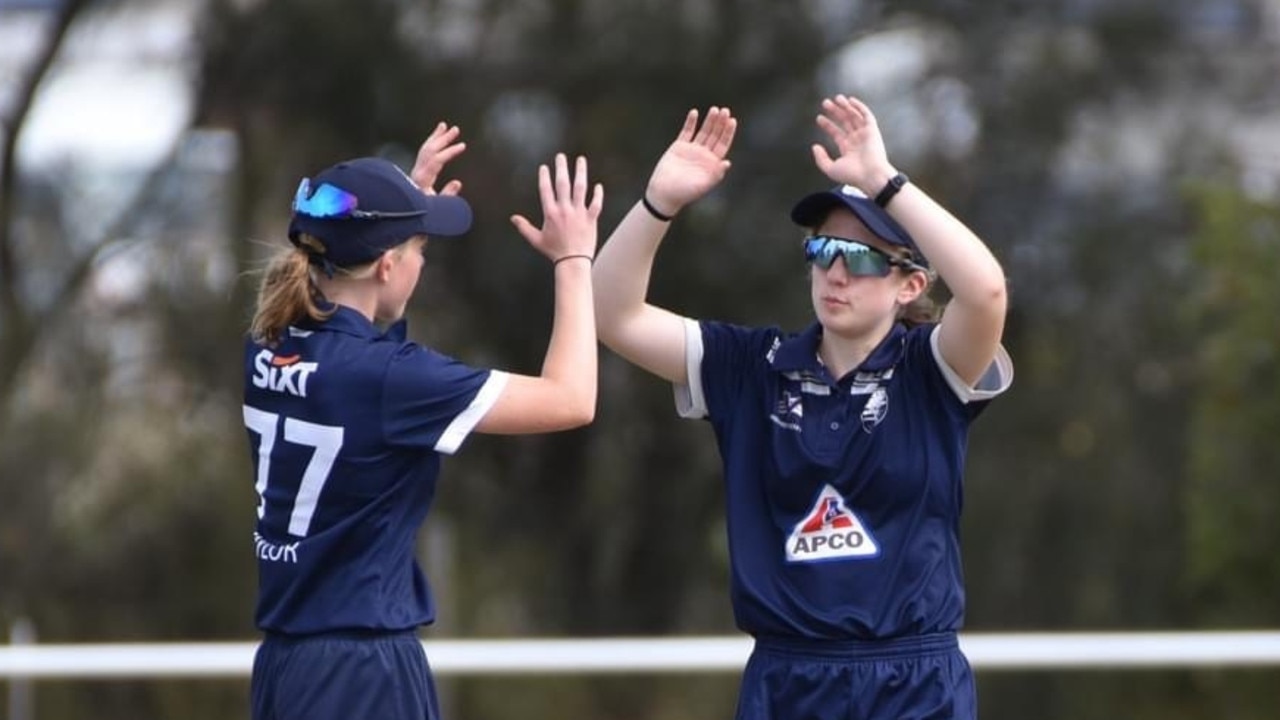 Annie Taylor and Eve Righetti celebrate a wicket for Geelong. Picture: Wes Cusworth.