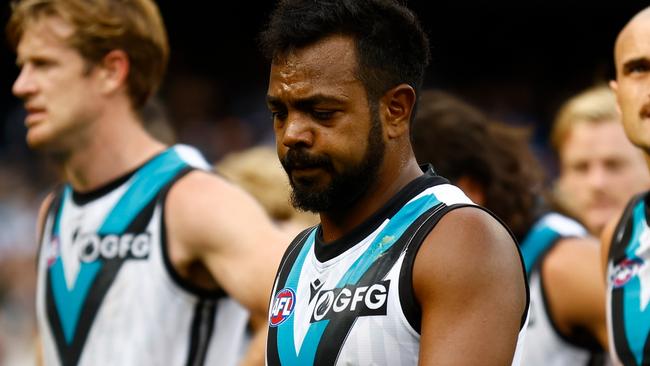 MELBOURNE, AUSTRALIA - MARCH 25: Junior Rioli of the Power looks dejected after a loss during the 2023 AFL Round 02 match between the Collingwood Magpies and the Port Adelaide Power at the Melbourne Cricket Ground on March 25, 2023 in Melbourne, Australia. (Photo by Michael Willson/AFL Photos via Getty Images)