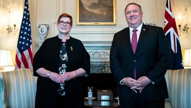 US Secretary of State Mike Pompeo meets with Foreign Minister Marise Payne at the State Department in Washington. Picture: AFP