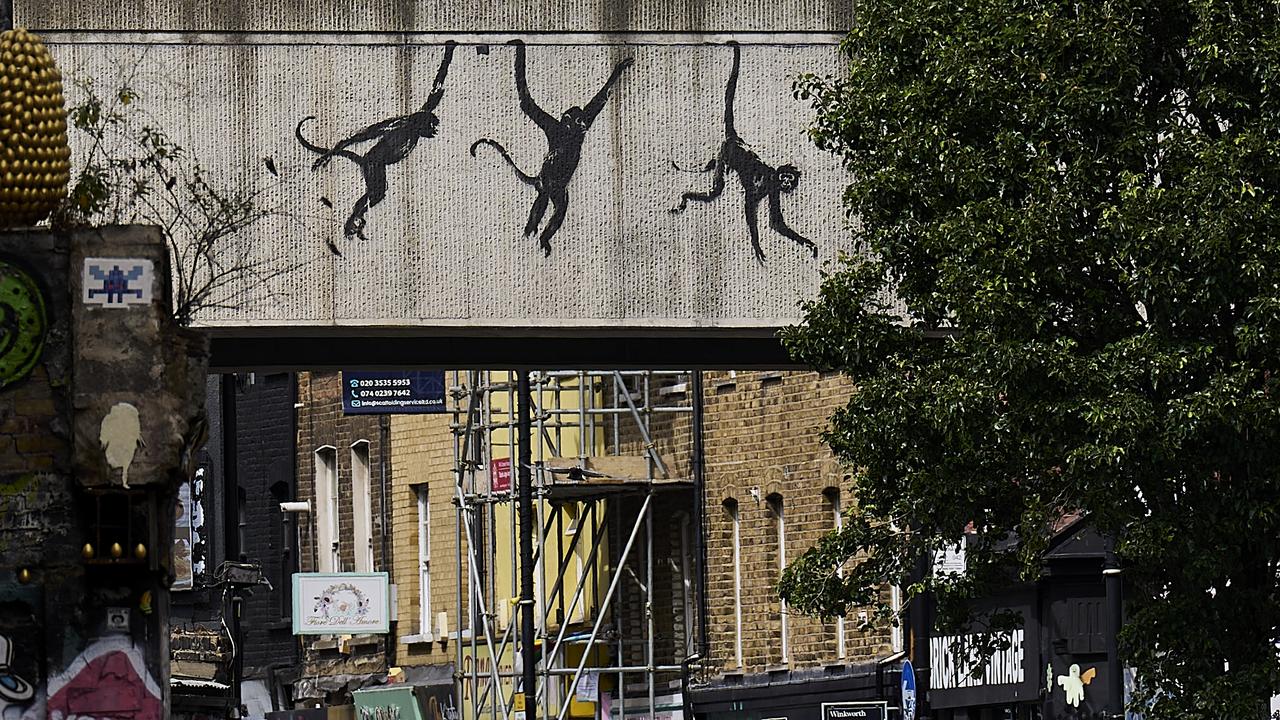 The third Banksy work shows three monkeys swinging. Picture: Aitor Alcalde/Getty Images