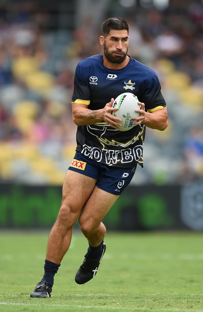 TOWNSVILLE, AUSTRALIA - MARCH 04: James Tamou of the Cowboys warms up ahead of the round one NRL match between the North Queensland Cowboys and the Canberra Raiders at Qld Country Bank Stadium on March 04, 2023 in Townsville, Australia. (Photo by Albert Perez/Getty Images)