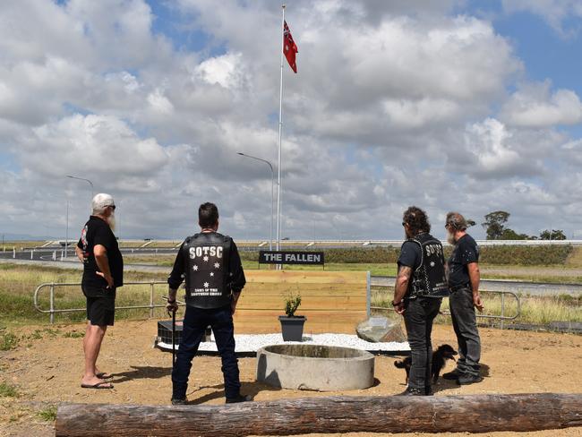 "The Fallen" is a memorial wall unveiled at Handlebar Heaven, Ooralea at the weekend for all of the motorcycle riders who have lost their lives doing what they love. Pictured are Sons of the Southern Cross Mackay members Ted "Bubbles" Walters, Ken "Smiley" Hyde (who was injured in a crash last year), James "Knuckle" McGovern and Josh "Professor" Van Loenen. at Handlebar Heaven, Ooralea. Picture: 