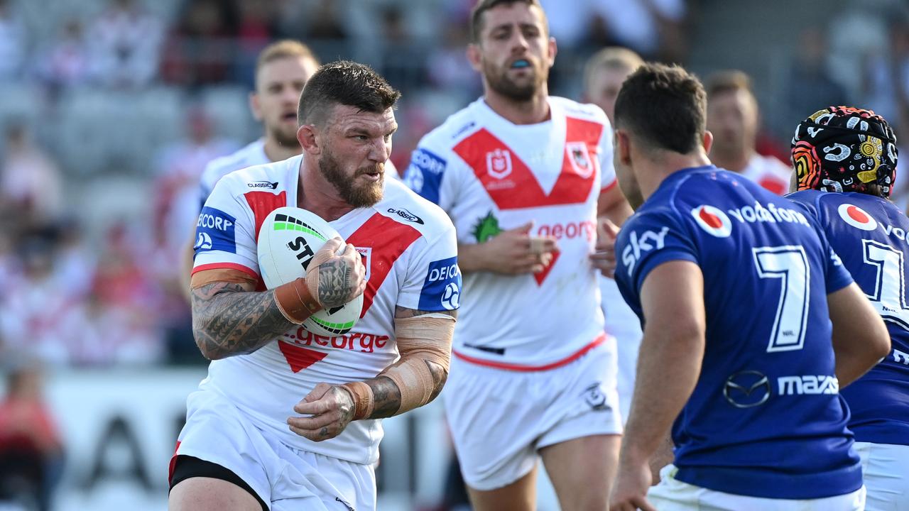Dragons prop Josh McGuire carts the ball into the Warriors defence
