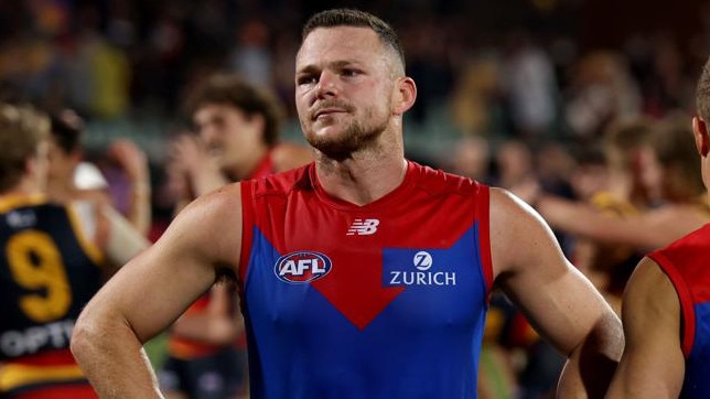 ADELAIDE, AUSTRALIA - MAY 22: Steven May of the Demons reacts after their loss during the 2021 AFL Round 10 match between the Adelaide Crows and the Melbourne Demons at Adelaide Oval on May 22, 2021 in Adelaide, Australia. (Photo by James Elsby/AFL Photos via Getty Images)