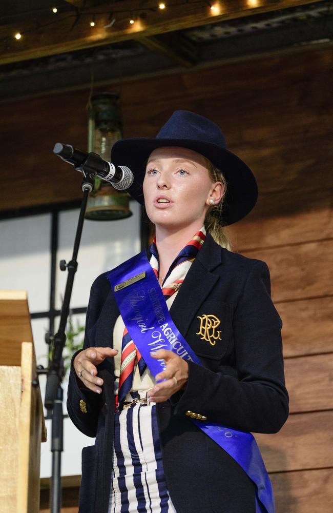 Taleyha Evans, representing Stanthorpe, speaking at the Darling Downs Showgirl announcement at the People First Bank Toowoomba Royal Show, Saturday, March 29, 2025. Picture: Kevin Farmer