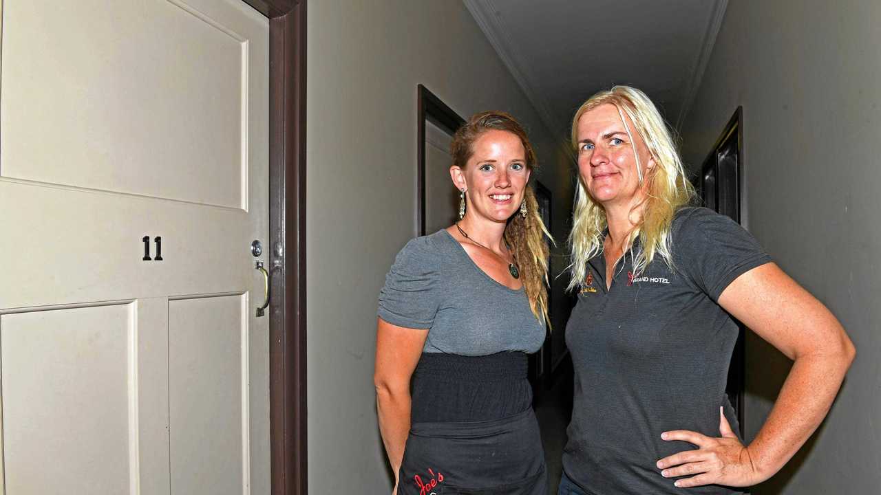 Emma Lucas and Sally Detlefson outside Room 11 of Joe's Grand Hotel in Goomeri. Picture: Troy Jegers