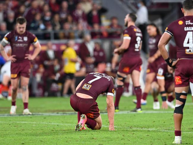 Cherry-Evans cut a despondent figure after the Maroons lost 26-0 in Game Two. (Photo by Bradley Kanaris/Getty Images)