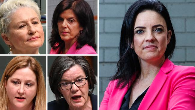 Emma Husar (right) is weighing up whether to join (left, clockwise) Kerryn Phelps, Julia Banks, Cathy McGowan and Rebekha Sharkie on the crossbench.