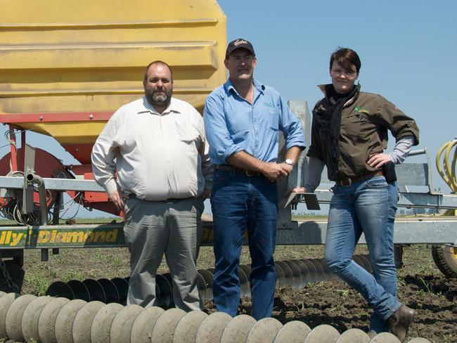 Expanding ... Kelly Engineering managing director Shane Kelly (c) in Romania in 2010 talking to Eamon Kendrick of Power farming Bucharest and Hele Knudsen of KK Engineering Europe. Picture: Austrade