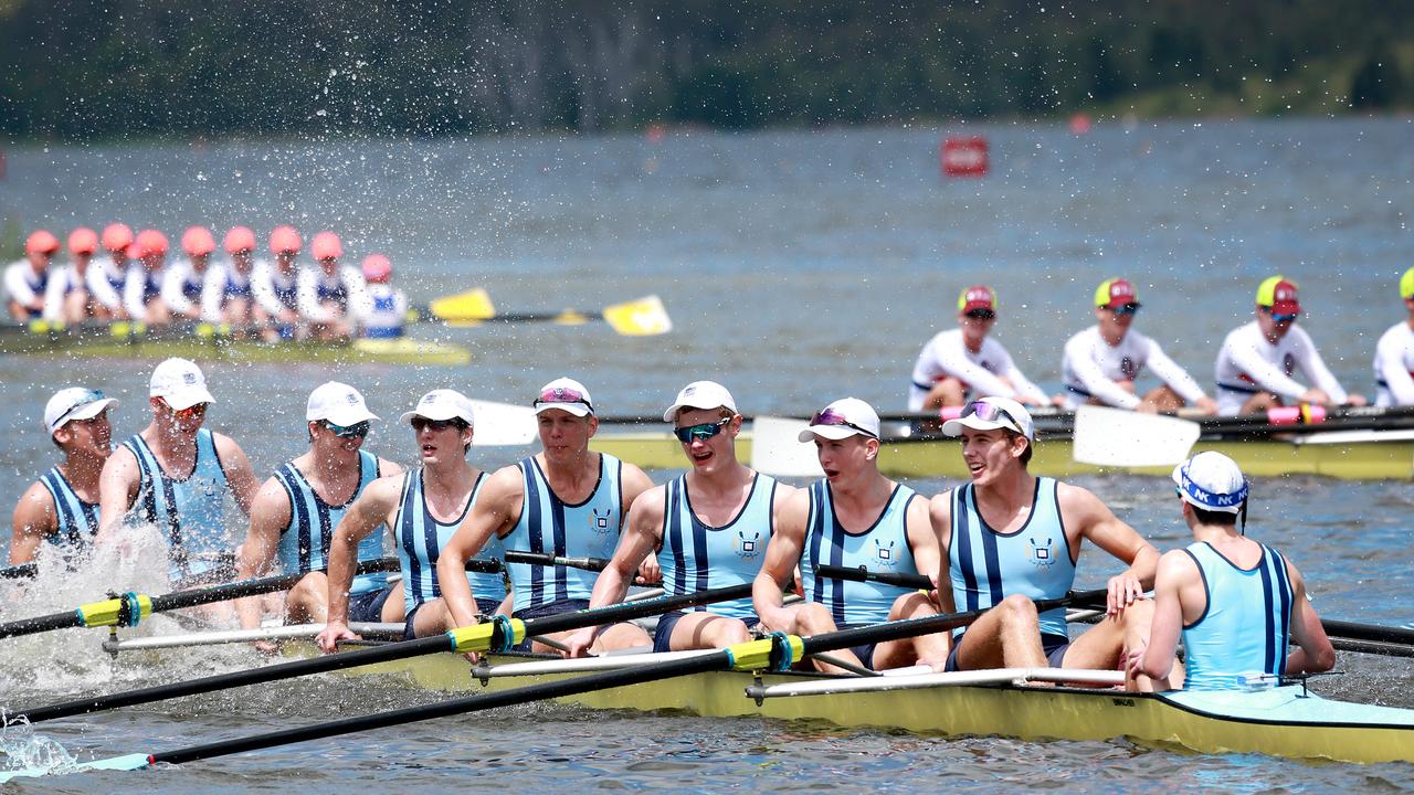 Brisbane Grammar School open eight division 1 team ltr Harry Sirett, Riley Lockyer, Tom Clifton, Henry Doe, Drew Weightman, Samuel Atherton, Hugh Weigtman, Dan Horsley and Jono Cooke celebrate their win. Picture: AAP