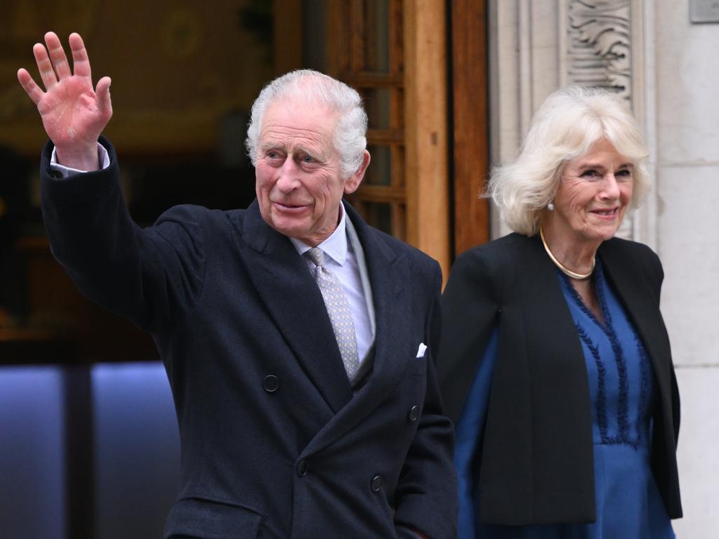 King Charles with Queen Camilla leaves a London hospital after treatment for an enlarged prostate. Picture: Karwai Tang/WireImage