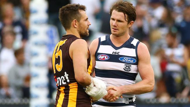 Luke Hodge and Patrick Dangerfield are not happy with the AFL rule change. Picture: George Salpigtidis