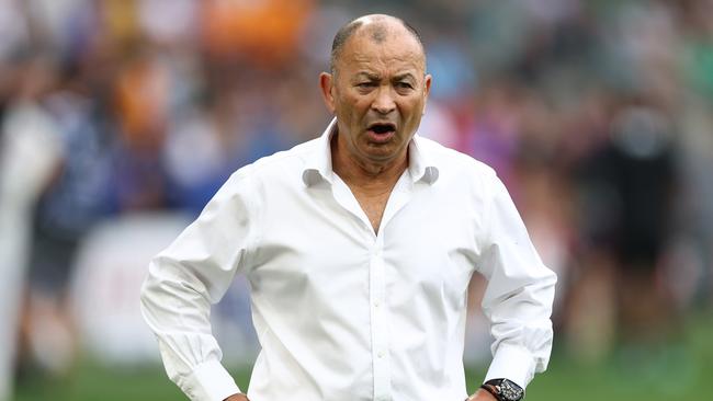 SAINT-ETIENNE, FRANCE - SEPTEMBER 17: Head Coach, Eddie Jones looks on during the Rugby World Cup France 2023 match between Australia and Fiji at Stade Geoffroy-Guichard on September 17, 2023 in Saint-Etienne, France. (Photo by Chris Hyde/Getty Images)