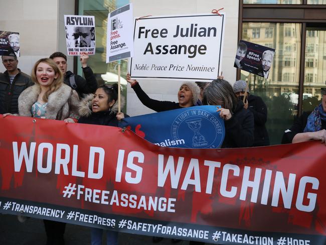 Pro Assange demonstrators protest outside Westminster Magistrates Court. Picture: Getty