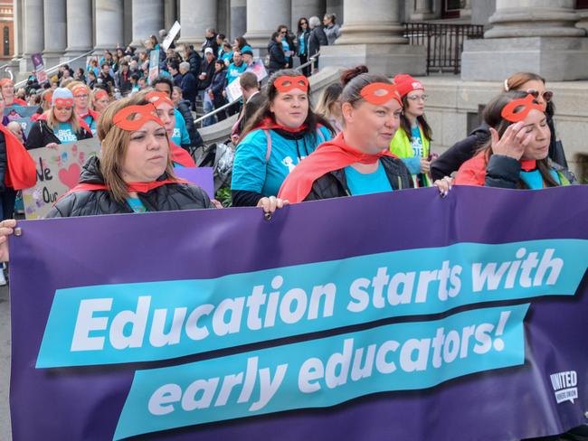 ADELAIDE, AUSTRALIA - NewsWire Photos SEPTEMBER 7, 2022: Early Childhood Educators rally participants march from Parliament House to Elder Park. Picture: NCA NewsWire / Brenton Edwards