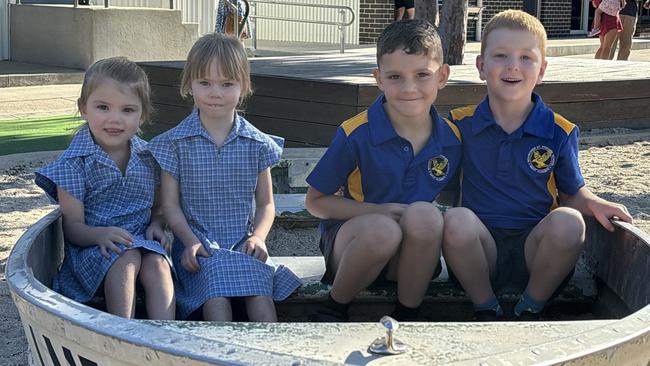 Billie Hodgson, Isabella Robinson, Toby Vellar and Jack Geddes during their first week of prep at Bourchier St Primary School in Shepparton. Picture. Abby Walter