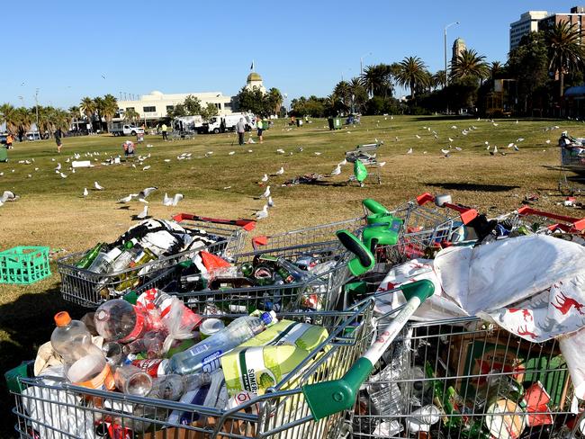 Thousands of partygoers trashed St Kilda beach on Christmas Day.. Picture: Nicole Garmston