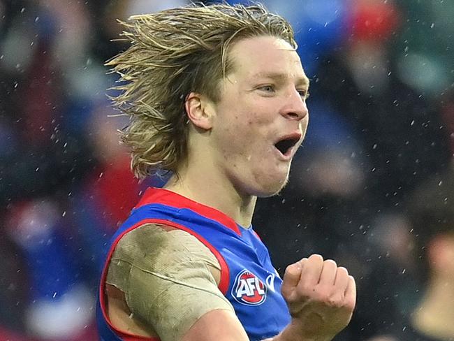 LAUNCESTON, AUSTRALIA - AUGUST 29: Cody Weightman of the Bulldogs celebrates kicking a goal during the AFL First Elimination Final match between Western Bulldogs and Essendon Bombers at University of Tasmania Stadium on August 29, 2021 in Launceston, Australia. (Photo by Steve Bell/AFL Photos/via Getty Images)