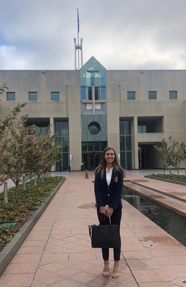 Ms Higgins on her first day at work at Parliament House.