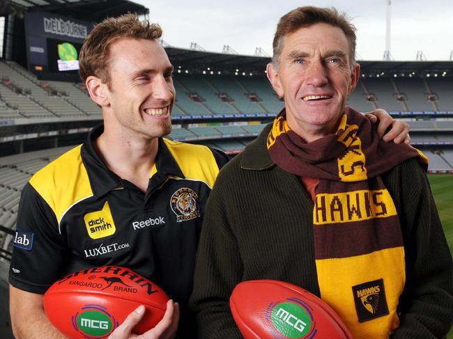 02/06/2009 NEWS: MCG Promotion 'Rite of Passage'. Hawthorn legend Michael Tuck with his son Richmond player Shane Tuck at the MCG.