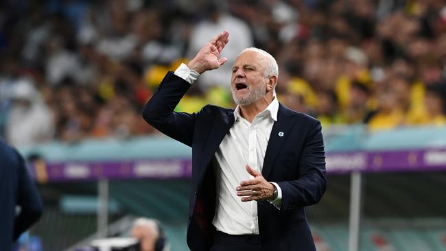 AL WAKRAH, QATAR - NOVEMBER 30: Graham Arnold, Head Coach of Australia, reacts on during the FIFA World Cup Qatar 2022 Group D match between Australia and Denmark at Al Janoub Stadium on November 30, 2022 in Al Wakrah, Qatar. (Photo by Claudio Villa/Getty Images)