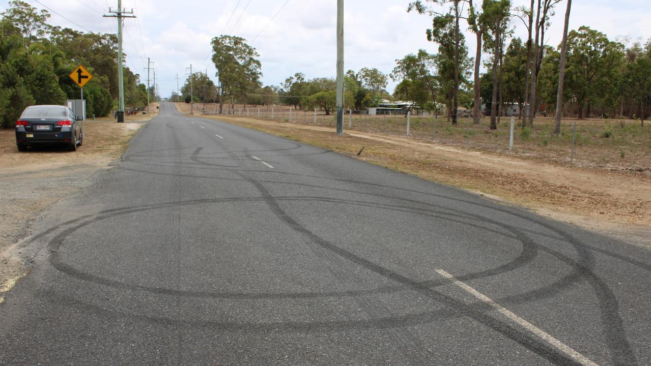 Tyre markings from the burnouts line Cummings Rd outside the Branyan chapel.