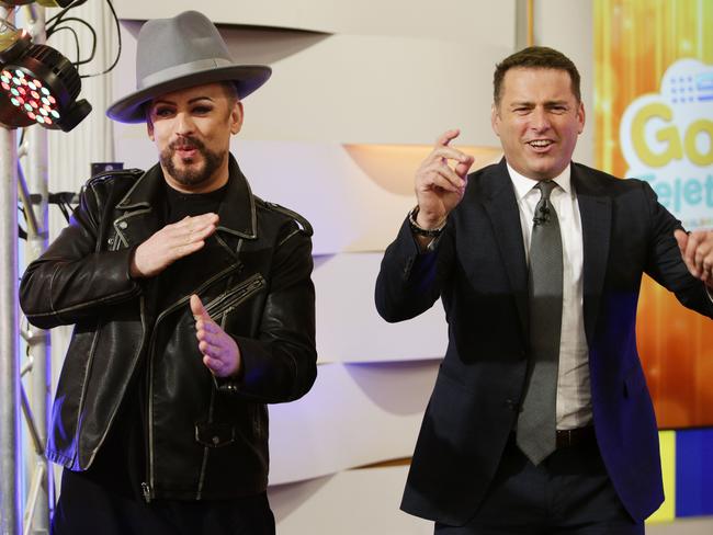 Boy George gets Karl Stefanovic dancing during Channel 9’s Gold Telethon. Picture: Justin Lloyd