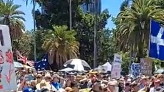 A scene from a Facebook live stream of the Brisbane anti-lockdown protest on Saturday.