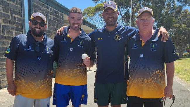 VTCA coaches Mick Andriadis and Duncan Harrison with man-of-the-match Sam Crea and captain Mitch Johnstone.