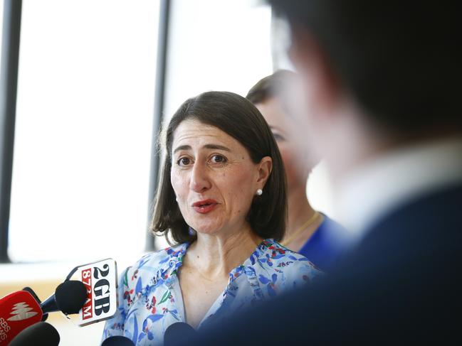 New South Wales Premier Gladys Berejiklian during a press conference at Westmead Hospital where she was questioned about train delays, pill testing and Opal Tower. Picture: Dylan Robinson