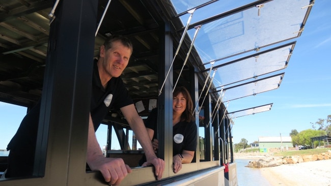 Chris and Linda Hank with their new 'pimped up' oyster punt in Coffin Bay. Picture: Emily Jarvis